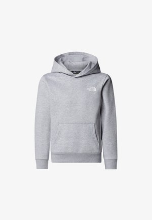 Grå hoodie tillverkad av mjukt tyg med en känguruficka, ribbade muddar och huva med dragsko. Har en liten vit logga på bröstet.