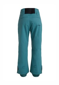 Teal sneeuwbroek van waterafstotende stof, met elastische manchetten, verstelbare tailleband en logodetails. Heeft ritsventilatie bij de enkels.