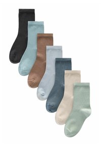 Set di calzini in varie tonalità: nero, azzurro chiaro, marrone, verde petrolio, blu scuro, beige e verde menta. Texture liscia e design fino al polpaccio.