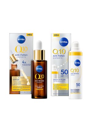 Nivea Q10 Anti-Falten-Expertenduo-Serum mit Pipette und tägliche UV-Fluid SPF 50 Sonnenschutzlotion mit Pumpspender.