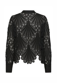 Black lace blouse featuring intricate fan-shaped patterns, openwork design, and buttoned cuffs, with a collarless neckline and sheer texture.