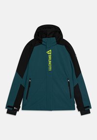 Tyrkysovo-čierna bunda s kapucňou, ktorá má centrálny zips, dve bočné vrecká a logo v neonovo žltej farbe. Tkanina sa zdá byť hladká a odolná.