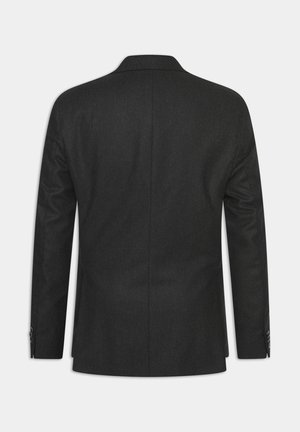Donkergrijs op maat gemaakt blazer met notched lapels, twee knopen en een gladde textuur. Voorzien van subtiele stiksels en knoopmanchetten. Achteraanzicht alleen.
