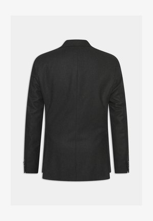 Czarny szary żakiet szyty na miarę z klapami typu notch, dwiema guzikami i gładką fakturą. Posiada subtelne przeszycia i mankiety na guziki. Widok tylko z tyłu.