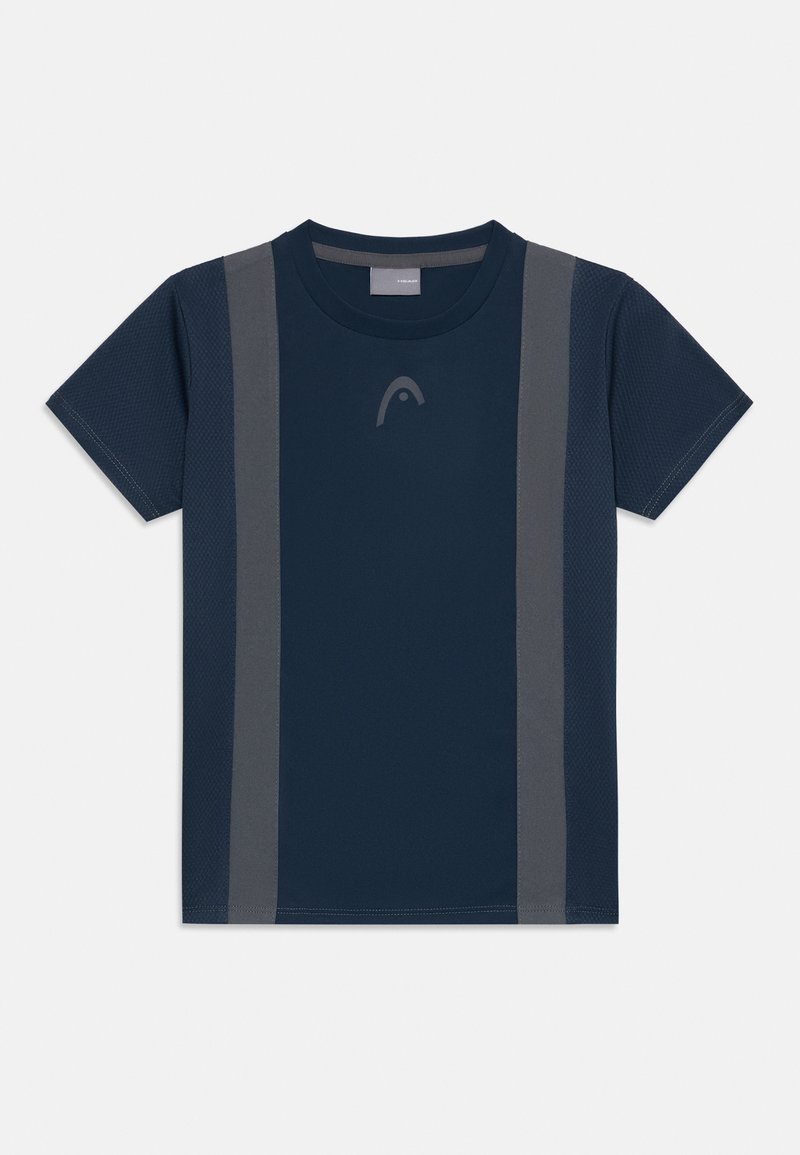 Navyblaues Sport-T-Shirt mit grauen Netz-Seitenpaneelen, Rundhalsausschnitt, kurzen Ärmeln und einem dezenten Logo auf der Vorderseite. Gleichmäßige Textur auf der gesamten Fläche.