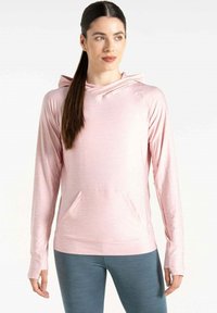 Helle rosa Kapuzenjacke mit einer Fronttasche, langen Ärmeln und einer lockeren Passform. Strukturierter Stoff mit einem Logo-Detail auf der Brust.