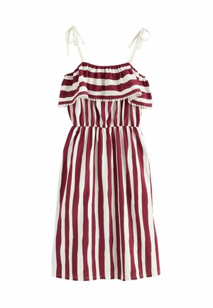 Stribet kjole med hvide og bordeaux horisontale striber. Har off-shoulder design, elastisk talje og bindebånd. Struktureret stof.