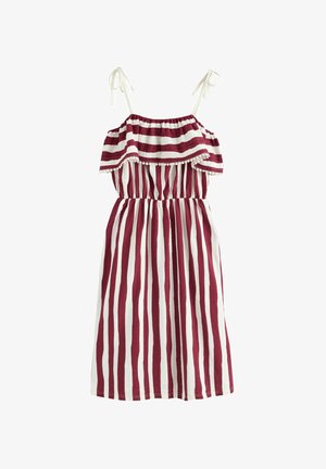 Gestreiftes Kleid mit weißen und burgunderroten horizontalen Streifen. Mit Off-Shoulder-Design, elastischem Bund und Bindeträgern. Strukturierter Stoff.