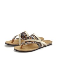 Flat sandals with a cork footbed, featuring crisscross straps in beige, black, and a leopard pattern. Soft texture and minimalistic design.
