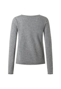 Långärmad, enfärgad grå tröja sedd bakifrån med rund halsringning och rak fåll.