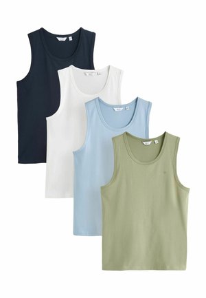 Négy ujjatlan, kerek nyakú trikó fekete, fehér, világoskék és olívazöld színekben, lépcsőzetesen elrendezve.