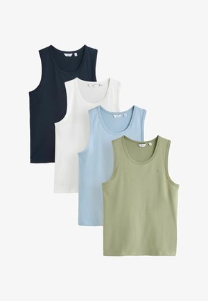 Cuatro camisetas sin mangas con cuello redondo en negro, blanco, azul claro y verde oliva, dispuestas en una pila escalonada.