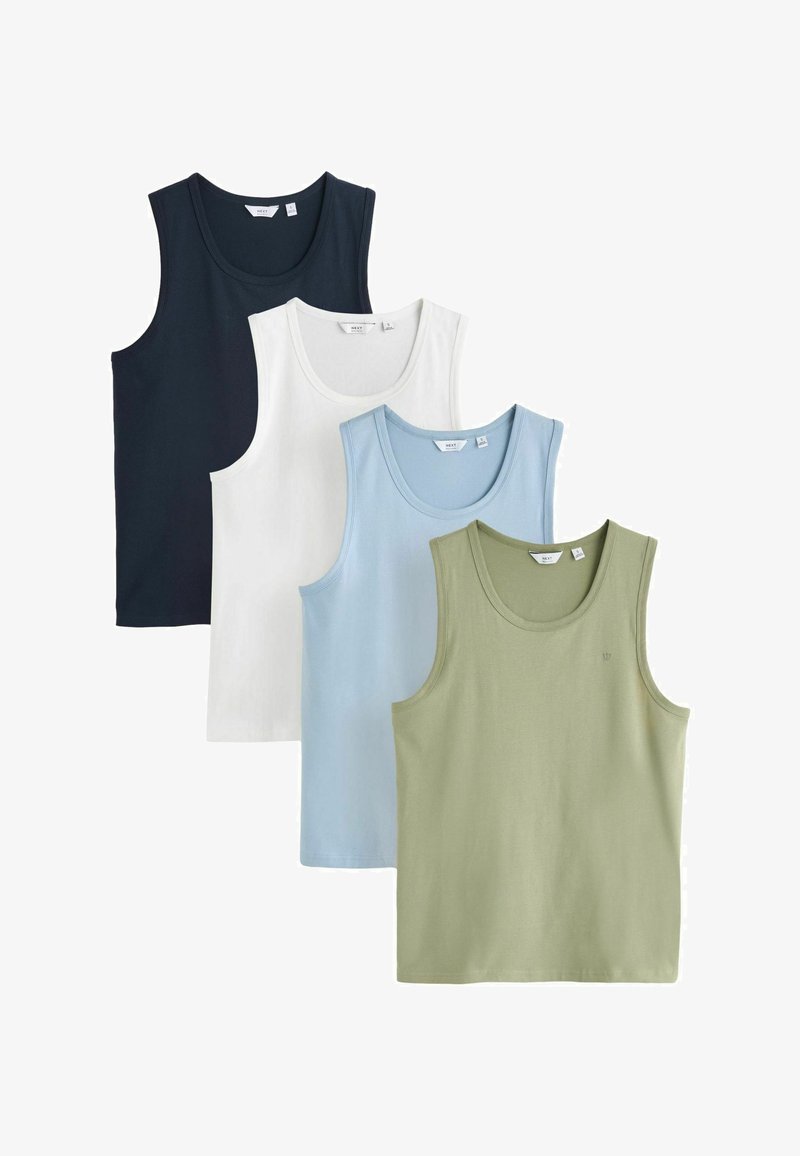 Quatre débardeurs sans manches à col rond en noir, blanc, bleu clair et vert olive, disposés en pile décalée.