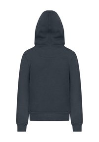 Dunkelgrauer Hoodie mit großer Kapuze, gerippten Bündchen und Saum sowie einer glatten Textur. Die Rückansicht zeigt keine Markierungen oder Grafiken.