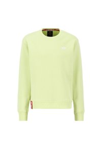 Light green sweatshirt with a crew neck, ribbed cuffs, and hem. Features a small white logo on the chest and a red tag at the bottom.