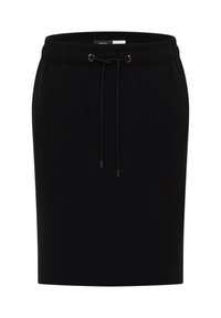 Falda negra hasta la rodilla con cinturilla elástica y cordón negro con puntas de metal, diseño liso sobre fondo blanco.