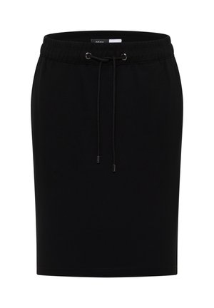 Falda negra hasta la rodilla con cinturilla elástica y cordón negro con puntas de metal, diseño liso sobre fondo blanco.