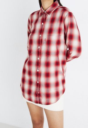 Personne portant une chemise à carreaux rouge et blanche à manches longues boutonnée sur une jupe blanche, debout les mains derrière le dos.