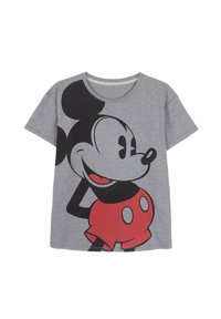 Graues Baumwoll-T-Shirt mit einem großen schwarz-roten Cartoon-Charakterdesign, das einen lächelnden Ausdruck und schwarze Akzente zeigt. Kurze Ärmel, Rundhalsausschnitt.