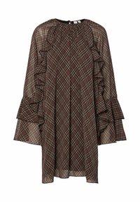 Brun rutete kjole med volangerm, med høy hals og nøkkelhullbak. Lett, gjennomsiktig materiale fremhever designet.