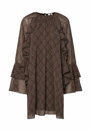 Bruin geruit jurk met ruches aan de mouwen, voorzien van een hoge halslijn en een keyhole rugopening. Lichtgewicht, doorschijnend materiaal versterkt het ontwerp.