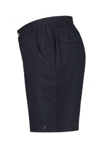 Marineblaue Shorts aus leichtem Stoff, mit einem elastischen Bund, seitlichen Taschen und einer Gesäßtasche mit Knopfverschluss.