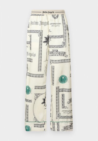 Παντελόνια Palm Angels σε κρεμ χρώμα, με σχέδια από δολάρια σε μαύρο και πράσινο. Ελαφρύ, απαλό ύφασμα και άνετη εφαρμογή με ελαστική μέση.