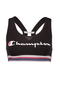 Sujetador deportivo negro con un respaldo de malla, que presenta un destacado logotipo blanco de "Champion" y una banda en bloques de colores con franjas rojas y azules.