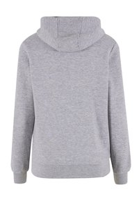 Šedá mikina s kapucňou vyrobená z mäkkej tkaniny. Má dlhé rukávy, ryhované manžety a klokaní vrecko. Zadný pohľad zobrazuje prešité švy a lem.
