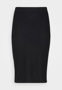 Mustat kynäpenskat, joissa on pystysuora raidoitus, valmistettu pehmeästä kankaasta. Ominaisuuksina keskimittainen vyötärönauha ja tiivis siluetti.