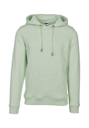 Světlounce zelená mikina s kapucí, přední kapsa typu klokanka, nastavitelnými šňůrkami, manžetami s žebrováním a kapucí, zobrazená na bílém pozadí.