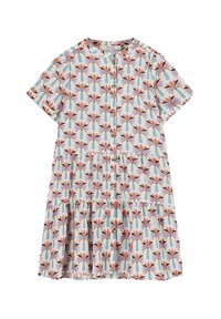 Kurzarmkleid aus leichtem Stoff, mit einem mehrfarbigen Palmbaumdruck, Knopfverschluss vorne und gestuftem Rockdesign.