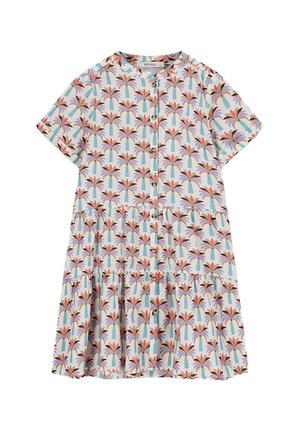 Kurzarmkleid aus leichtem Stoff, mit einem mehrfarbigen Palmbaumdruck, Knopfverschluss vorne und gestuftem Rockdesign.