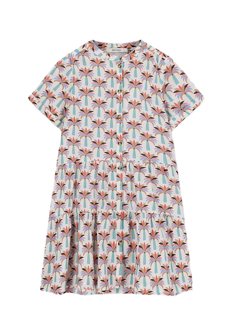 Kurzarmkleid aus leichtem Stoff, mit einem mehrfarbigen Palmbaumdruck, Knopfverschluss vorne und gestuftem Rockdesign.