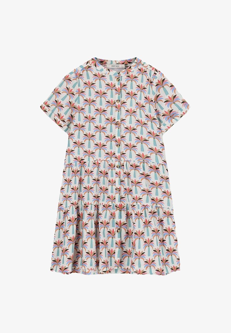 Kurzarmkleid aus leichtem Stoff, mit einem mehrfarbigen Palmbaumdruck, Knopfverschluss vorne und gestuftem Rockdesign.