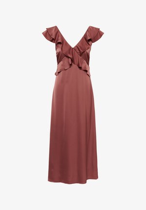 Robe longue mauve sans manches avec un profond décolleté en V et un bord froncé le long de l'encolure et du corsage sur fond blanc uni.