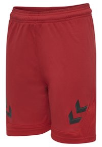 Pantaloni sportivi rossi con cintura elastica, tessuto testurizzato, dettagli diagonali neri sui lati inferiori e design comodo.