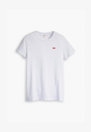 Weißes Baumwoll-T-Shirt mit kurzen Ärmeln und rundem Ausschnitt. Besitzt ein kleines rotes Levi's-Logo auf der linken Brustseite.