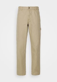 Khaki trousers with a straight-leg fit, made of cotton fabric. Features a front button closure, side pockets, and a subtle logo tag on the side.