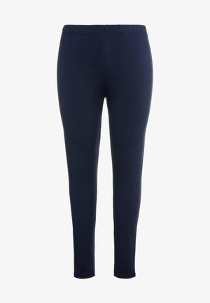Marineblaue Leggings mit einer glatten Textur, elastischem Bund und einem schicken Design, das sich zum Knöchel hin verjüngt. Keine sichtbaren Muster oder Akzente.
