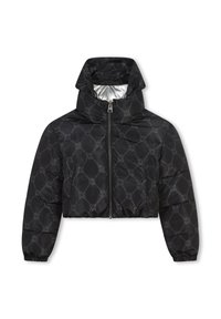 Veste doudoune noire courte avec un col haut, présentant un motif monogramme tonal, des poignets élastiques et une fermeture éclair à l'avant. Doublure intérieure en argent.
