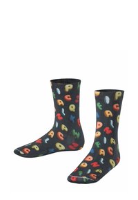 Schwarze Socken mit bunten Buchstaben in verschiedenen Formen und Größen, mit glatter Textur und einem Design bis zur Mitte der Waden.