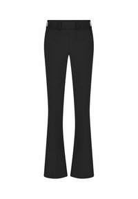 Zwarte flared broeken van een gladde, rekbare stof. Heeft een vlakke voorkant, riemlussen en een getailleerde pasvorm bij de heupen en bovenbenen.
