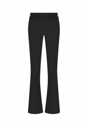 Zwarte flared broeken van een gladde, rekbare stof. Heeft een vlakke voorkant, riemlussen en een getailleerde pasvorm bij de heupen en bovenbenen.