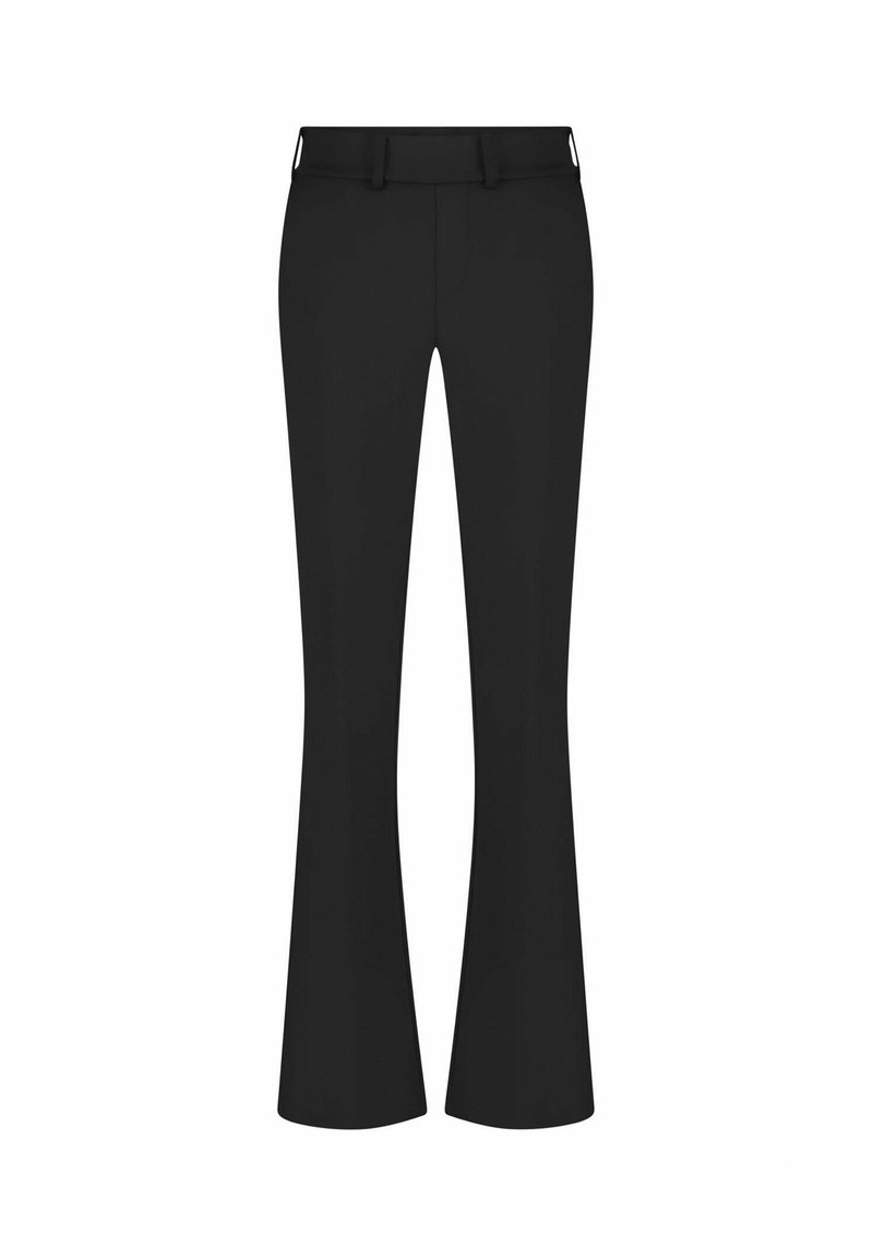 Zwarte flared broeken van een gladde, rekbare stof. Heeft een vlakke voorkant, riemlussen en een getailleerde pasvorm bij de heupen en bovenbenen.