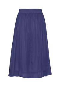 Tummansininen, polvipituinen hame, joka on valmistettu kevyestä ja hengittävästä kankaasta, jossa on joustava vyötärö ja pehmeä tekstuuri; siinä on yksinkertainen muotoilu.