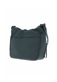 Borsa a spalla grigia scura realizzata in tessuto testurizzato, con chiusura a zip, tracolla regolabile e una tasca frontale per ulteriore spazio di archiviazione.