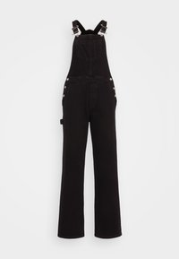 Black denim overalls with wide legs, adjustable shoulder straps, side buttons, and front pockets. Smooth texture and sturdy fabric.
