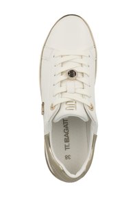 Sneaker bianca con tomaia in pelle liscia, dettagli dorati, design con lacci e un'imbottitura circolare con logo sulla linguetta. Taglia 38.
