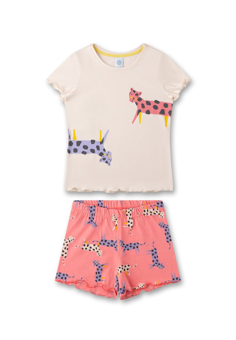 Top corto beige in cotone con stampe colorate di cani; pantaloni corti rosa con cani blu e viola con macchie nere. Tessuto morbido e leggero.